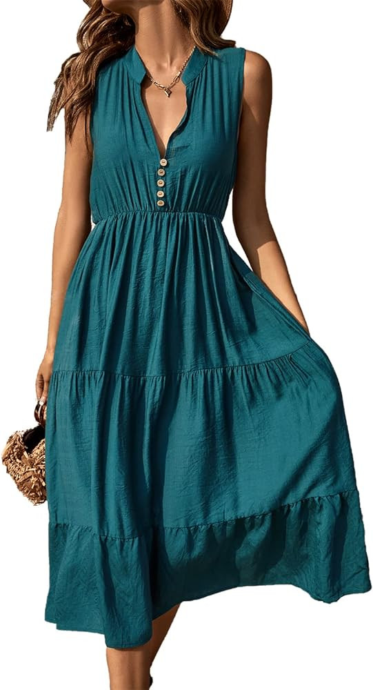 BROVAVE Womens 2026 Summer Sleeveless Shirt Dress Collar Striped V Neck Casual Midi Dresses | Amazon (US)