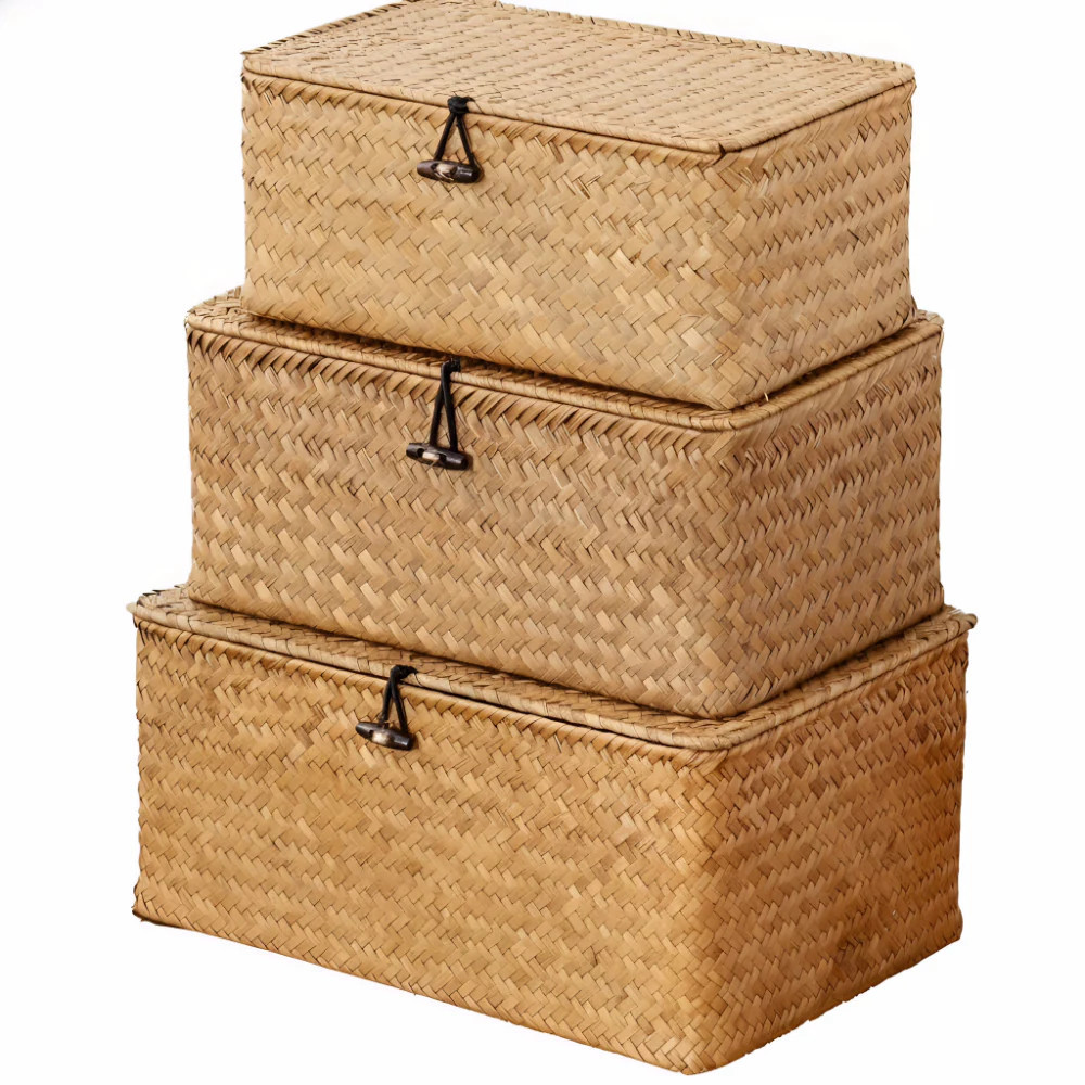 Baginizer Natural Seagrass Storage Baskets with Lids Set of 3 Rectangular Shelf Bins Boho Decoration Multipurpose Containers for Home Organization | Lowe's