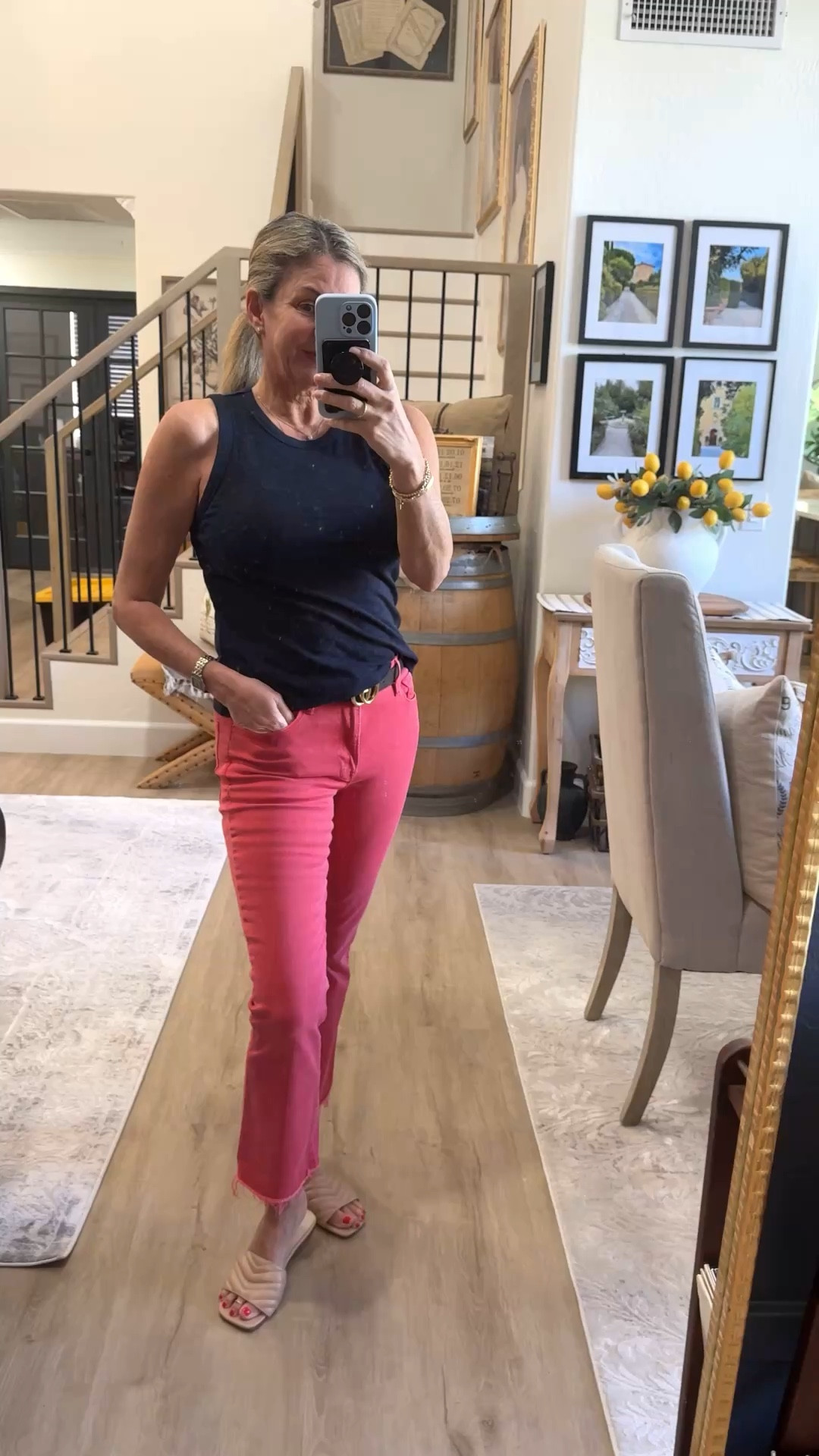 Casual Everyday Style Basics. Colored denim paired with a navy top and neutral slides. Spring Outfit. 

#LTKootd #LTKmomlife #LTKOver40