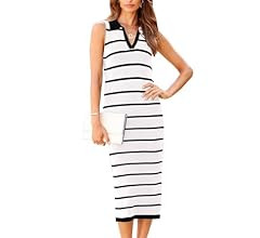 PRETTYGARDEN Women's Summer Dresses 2024 Collar V Neck Sleeveless Midi Dress Causal Stripes Ribbe... | Amazon (US)