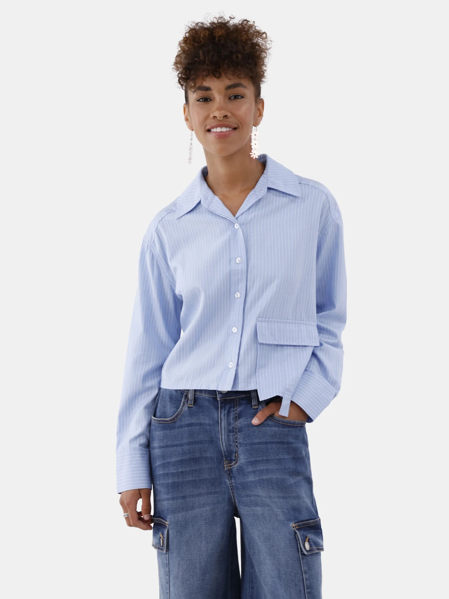 No Boundaries Cargo Pocket Woven Top, Women's and Women's Plus | Walmart (US)