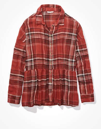 AE Plaid Flannel Babydoll Button Up Shirt | American Eagle Outfitters (US & CA)