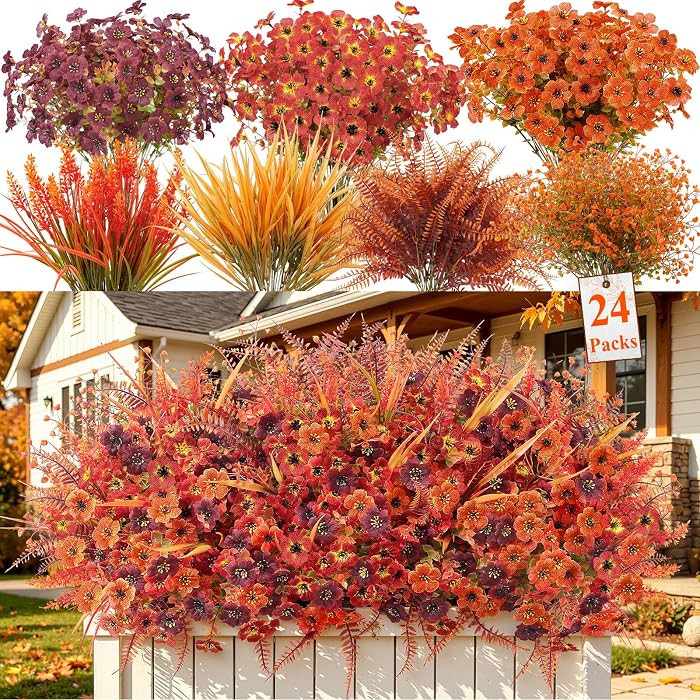 Alupssuc 24Pcs Artificial Fall Flowers for Outdoors Decor, Fake Mums Plants | Amazon (US)
