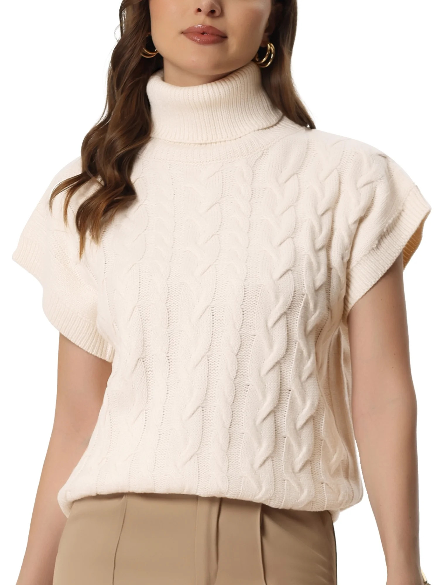 Allegra K Women s Solid Color Turtleneck Vest Sleeveless Pullover Cable Knit Sweater | Walmart (US)