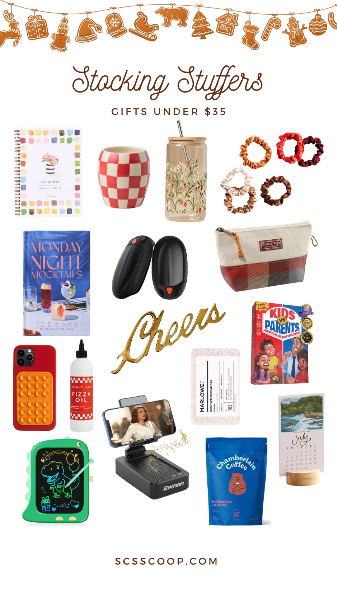 Holiday gift ideas- stocking stuffers under $35
Watercolor book, candle, glass tumbler, satin hair ties, mocktails book, rechargeable hand warmer, zip up pouch, Cheers bottle opener, kids and parents game, suction phone case, pizza oil, body scrub soap bar, kids drawing pad, Bluetooth speaker and phone stand, hot cocoa, mini desk calendar 

#LTKCyberWeek #LTKHoliday #LTKGiftGuide