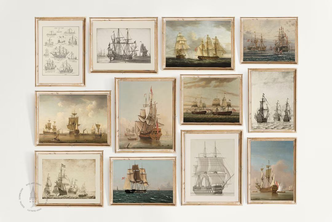Vintage Warship Wall Art Set of 12, Sailing Ship Prints, Nautical Seascape Wall Art, Man O War, N... | Etsy (US)