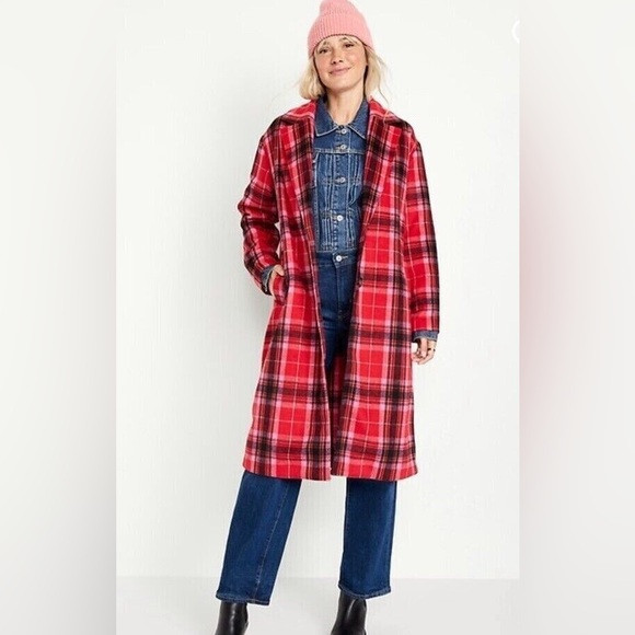 Old Navy Women’s Oversized soft-brushed Tartan red plaid overcoat- petite M | Poshmark