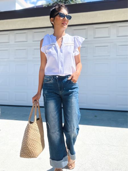 Ootd. Genleck wide leg jeans size XS. It’s very stretchy & comfortable. The top is size S & great quality. 
Sandals size 8

Outfit of the day, Amazon denim wide-leg jeans, Great quality top, Wedge sandals, Leather clutch, Fashion inspiration, Chic attire, Stylish look, Spring wardrobe, Trendy outfits, Seasonal style, Fashionista style, Mix and match, Elevated style, Street style, Fashion blogger favorite, Designer outfit, Stylish coordination, Versatile fashion, Seasonal style, Fashion must-haves, Spring vibes, Stylish mom, Mother’s Day gift, Perfect gift, Gift for her, Fashionable gift, Springtime fashion, Fashion haul, Springtime favorites, Stylish finds.

#LTKstyletip #LTKsalealert #LTKworkwear