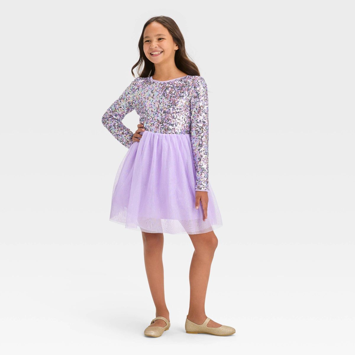 Girls' Long Sleeve Sequin Tulle Dress - Cat & Jack™ Lavender | Target