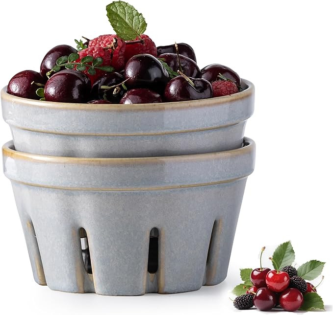 Gomakren Fruit Bowl with Holes, Ceramic Berry Basket Set of 2, 5.8 Inch Round Fruit Storage Conta... | Amazon (US)