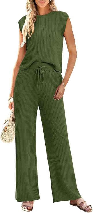 Imily Bela Womens 2 Piece Outfits Sleeveless Ribbed Knit Tops Wide Leg Pants Summer Vacation Swea... | Amazon (US)