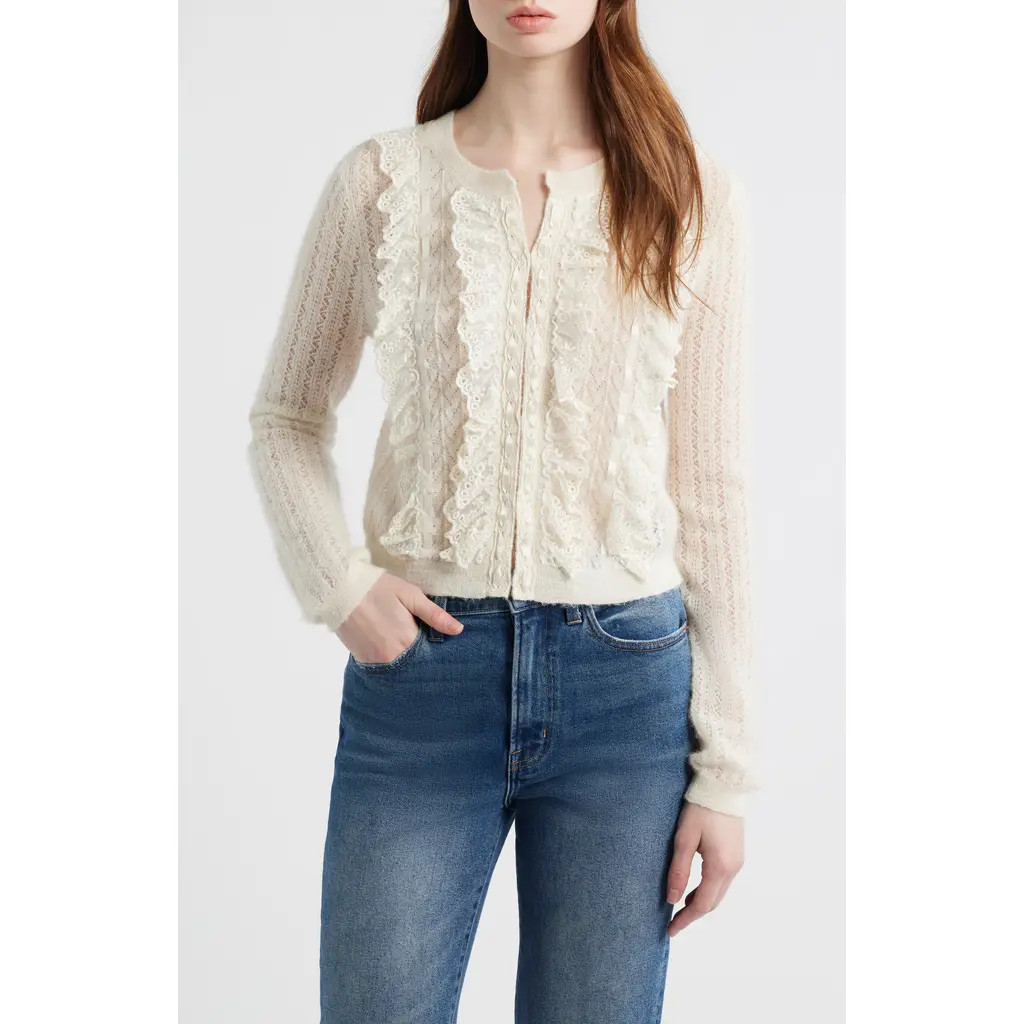 LoveShackFancy Melisse Lace Ruffle Alpaca & Wool Blend Cardigan in Aspen White at Nordstrom, Size Small | Nordstrom