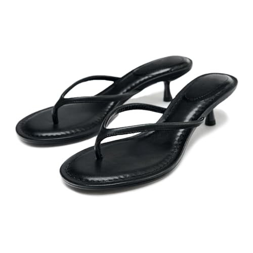 Lymphvity Open Round Toe Flip Flops for Women Kitten Heels Sandals Comfortable Summer Slip on Thong Heeled Sandals with Memory Foam (Black,8.5) | Amazon (US)