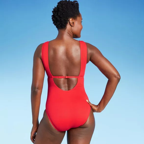 Women's Textured High Neck High Coverage One Piece Swimsuit - Kona Sol™ Red | Target