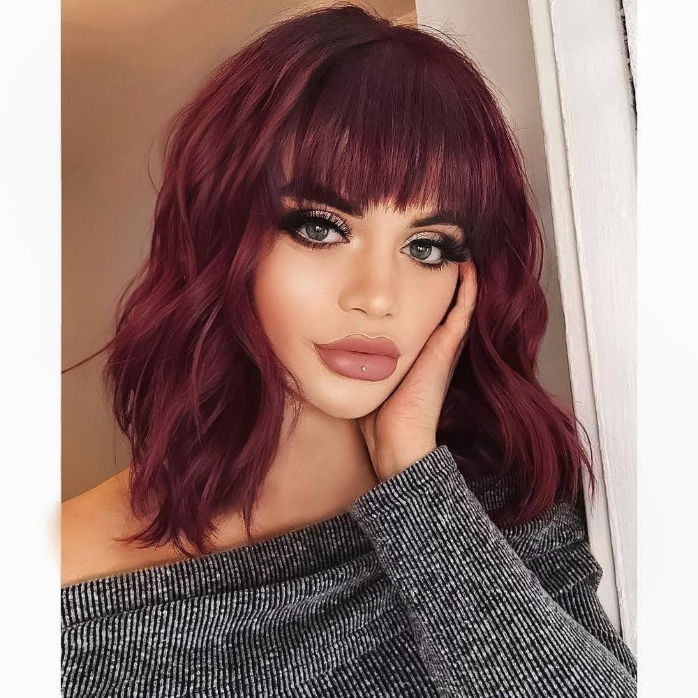 AISI HAIR Curly Bob Wig with Bangs Short Wavy Wine Red Color Wigs for Women Bob Style Synthetic H... | Amazon (US)