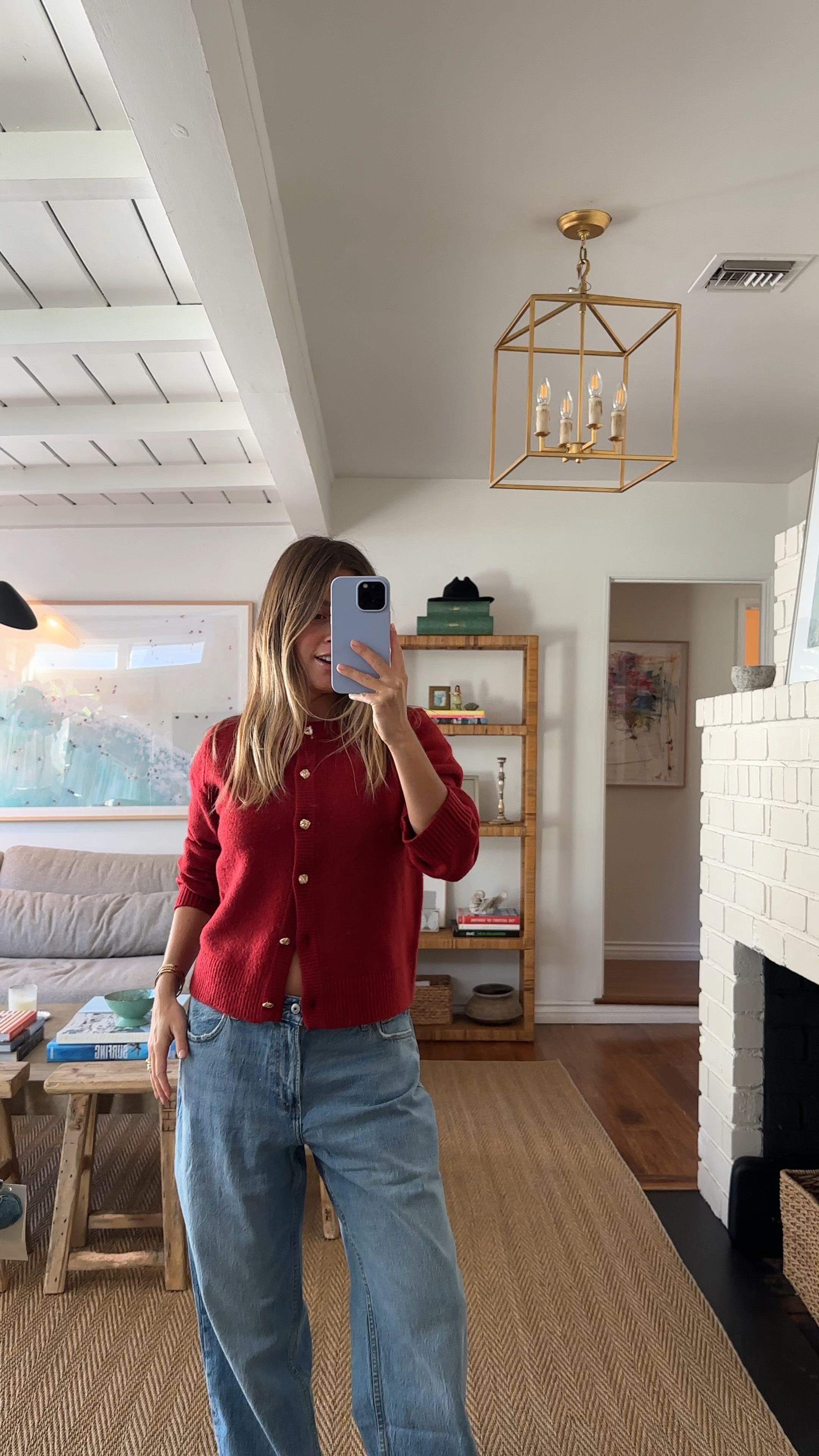 Abercrombie try on — obsessed! Cardigan in red and the jeans in medium wash! 