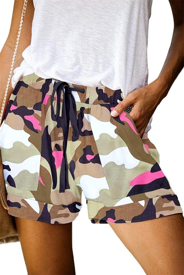 ONLYSHE Womens Casual Drawstring Shorts Summer Elastic Waist Shorts Pocketed Pants | Amazon (US)