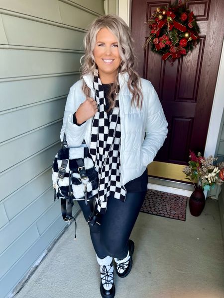 #walmartpartner #walmartfashion @walmartfashion

✨SIZING•PRODUCT INFO✨
⏺ Black and White Checkered Scarf
⏺ Black and White Checkered Hoop Earrings 
⏺ Black and White Checkered Fur Backpack •• 5 colors  
⏺ Black Faux Leather Leggings •• XL •• TTS 
⏺ Black Tunic •• L •• TTS 
⏺ White Puffer Jacket •• M (need L, would need XL to zip) 
⏺ Black and White Snow Combat Boots •• Run Small •• go up one size 

📍Say hi on YouTube•Tiktok•Instagram ✨Jen the Realfluencer✨ for all things midsize-curvy fashion!

👋🏼 Thanks for stopping by, I’m excited we get to shop together!

🛍 🛒 HAPPY SHOPPING! 🤩

#walmart #walmartfinds #walmartfind #walmartfall #founditatwalmart #walmart style #walmartfashion #walmartoutfit #walmartlook  #leather #leggings #jeggings #leatherleggings #leatherjeggings #fauxleather #veganleather #fauxleatherleggings #veganleatherleggings #leatherleggingslook #leatherleggingsoutfit #leatherleggingstyle #leatherleggingsoutfitidea #leatherleggingsfashion #leatherleggings #style #inspo #leatherleggingsinspo #winter #winterfashion #winterstyle #winteroutfit #winterlook #winterlook #winteroutfitidea  #black #blacklook #blackoutfit #outfitwithblack #lookswithblack #blackoutfitinspo #blackoutfitinspiration #looksfeaturingblack #edgy #style #fashion #edgystyle #edgyfashion #edgylook #edgyoutfit #edgyoutfitinspo #edgyoutfitinspiration #edgystylelook  
#under20 #under30 #under40 #under50 #under60 #under75 #under100 #affordable #budget #inexpensive #budgetfashion #affordablefashion #budgetstyle #affordablestyle #curvy #midsize #size14 #size16 #size12 #curve #curves #withcurves #medium #large #extralarge #xl  


#LTKHoliday #LTKSeasonal #LTKunder50