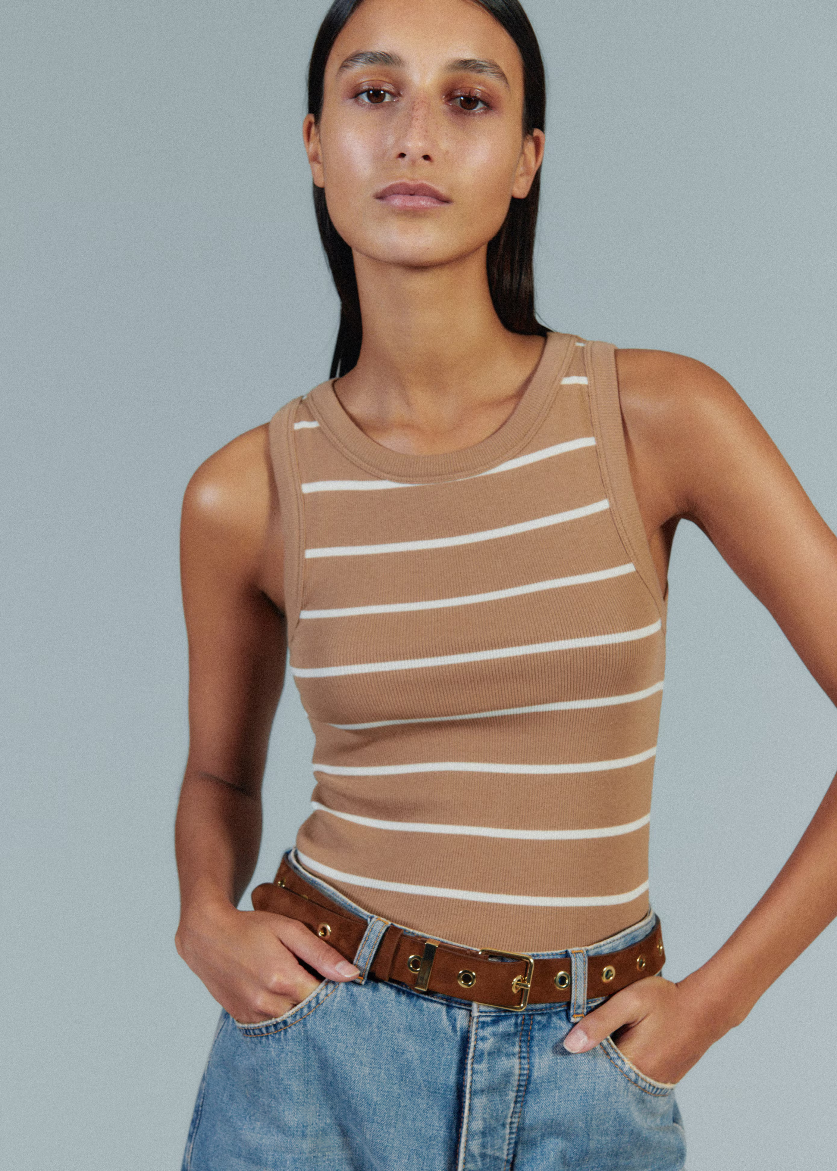 Women's Brown Ultimate Breton Crew Neck Tank | ME+EM | ME+EM US