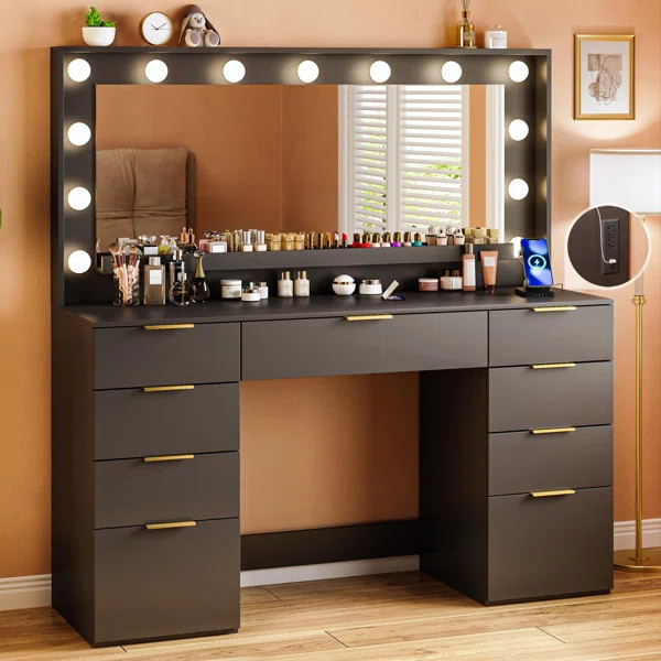 Vanity Desk With Large Mirror And Lights, 9 Drawer, Power Outlet | Wayfair North America