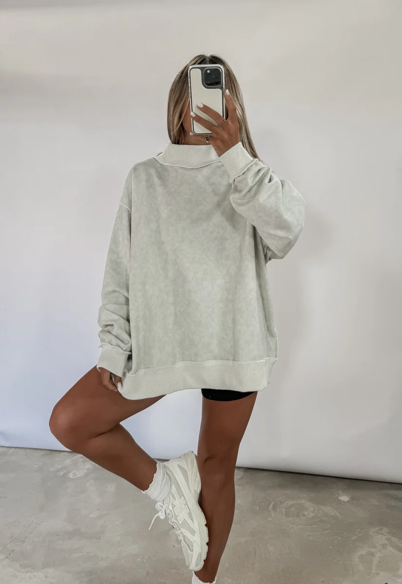 Soft Seasons Vintage Wash Mock Neck Sweatshirt - Ash Grey | CK Squared Boutique