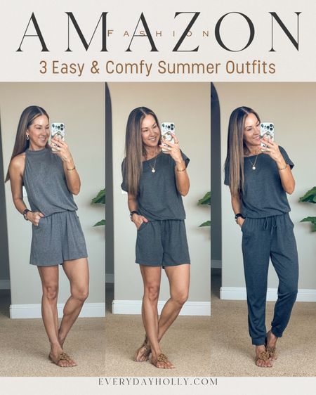3 Amazon  best selling easy, comfy summer outfits romper & jumpsuit perfect for everyday style all size small in grey size small. These are so comfy that they feel like loungewear. Comfy summer slides, my favorite strapless bra and nip covers. affordable gold necklace and earrings set.

#LTKOver40 #LTKFindsUnder50 #LTKSaleAlert