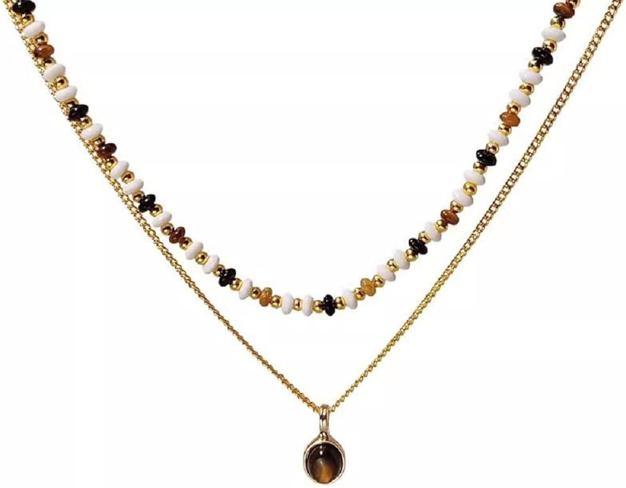 DATOA Bohemian Layered Beaded Choker Necklace Multilayered Natural Stone Beads Necklaces with Tig... | Amazon (US)