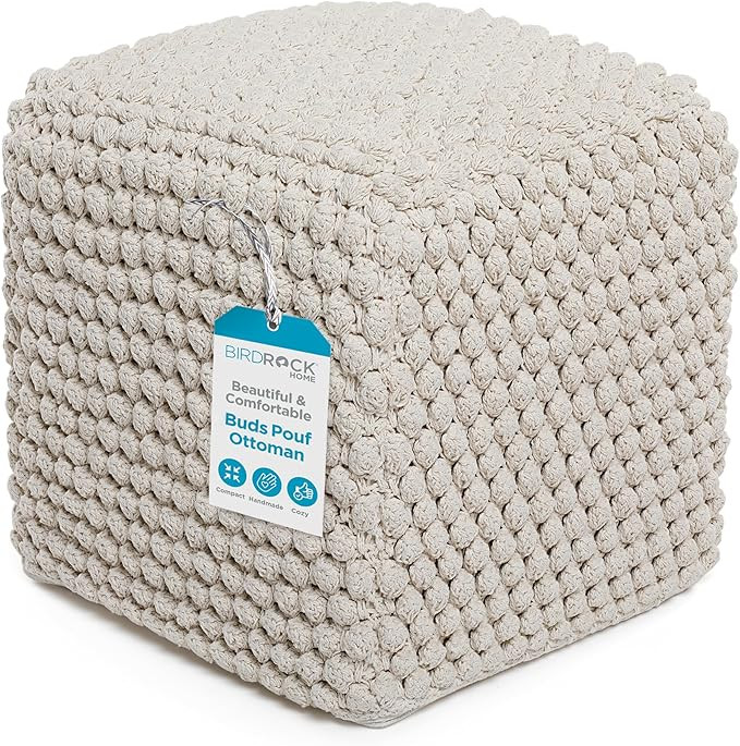 BIRDROCK HOME Bud Pouf Foot Stool Ottoman - Knit Bean Bag Floor Chair - Cotton Braided Cord - Gre... | Amazon (US)