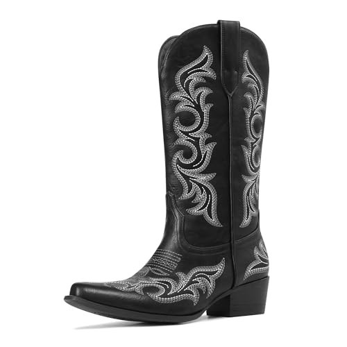 Ouepiano Black Cowboy Boots for Women Cowgirl Boots Mid Calf, Size 11 | Amazon (US)