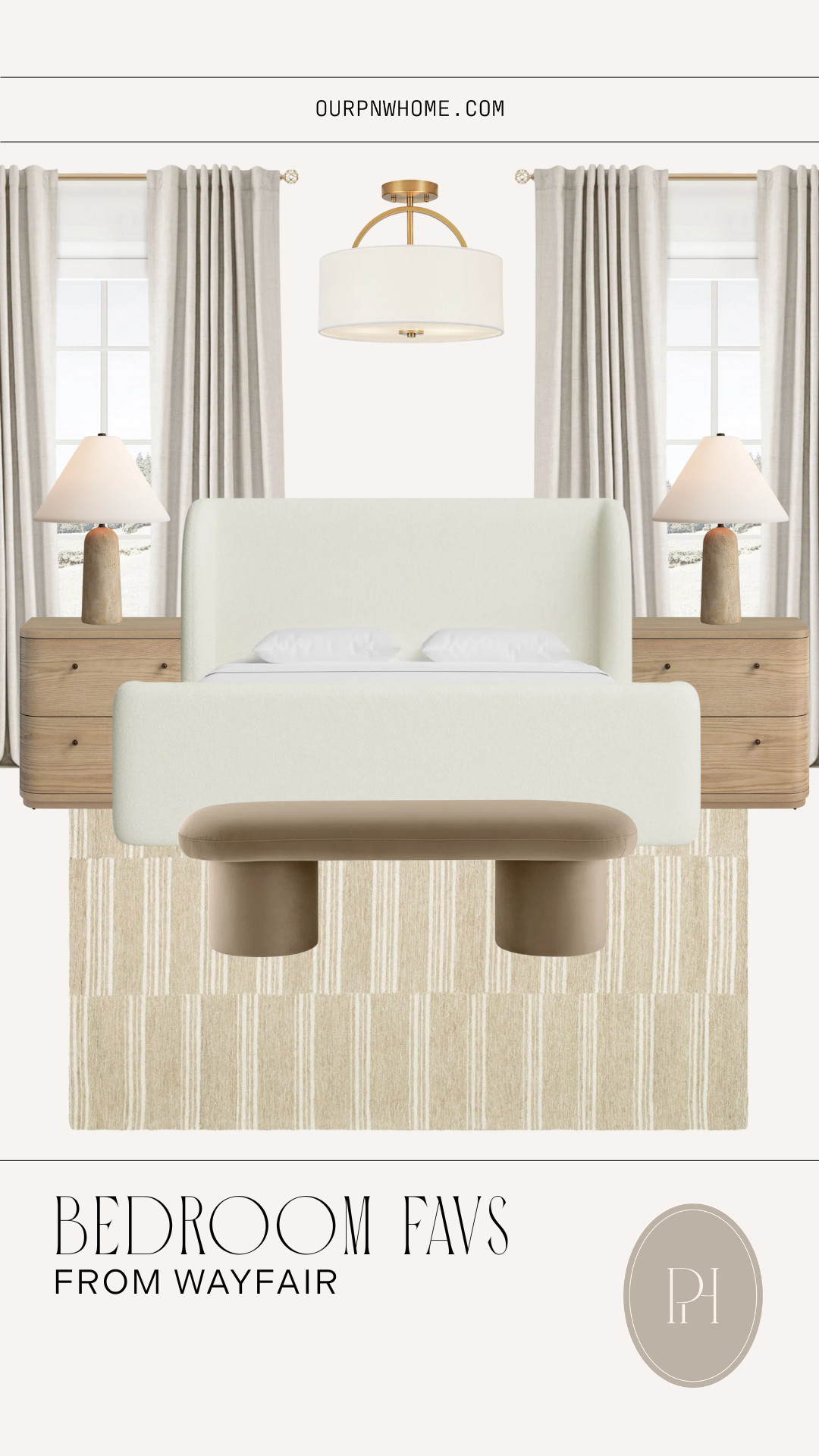 Neutral bedroom favorites I'm loving from Wayfair!

neutral area rug, tan area rug, light brown area rug, bedroom rug, striped area rug, upholstered bed frame, white bed frame, velvet bench, upholstered bench, bedroom furniture, wood nightstand, bedside table, tan table lamp, bedroom lighting, semi-flush mount light, bedroom light, ceiling light, neutral curtains 

 #LTKSeasonal #LTKHome #LTKSaleAlert