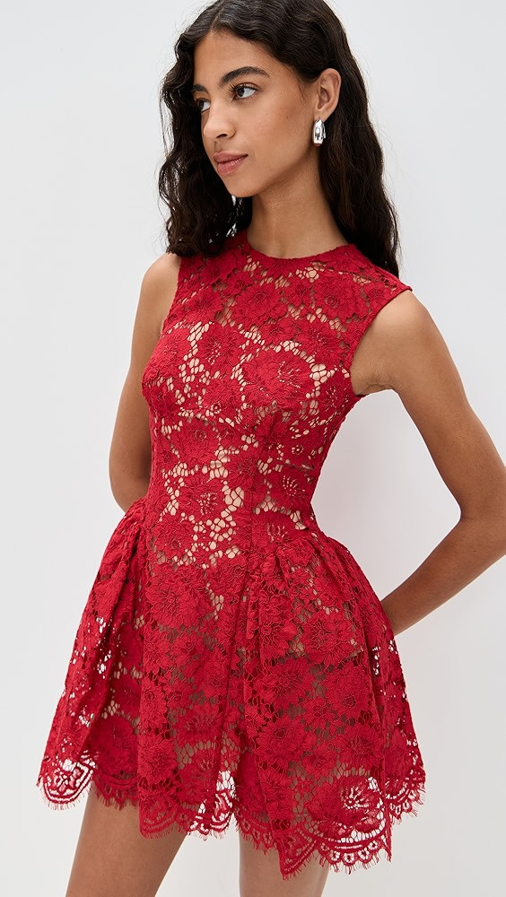 Red Fine Lace Pearl Mini Dress | Shopbop