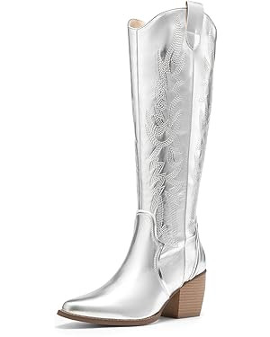 DREAM PAIRS Womens Cowboy Boots Wide Calf Comfortable Pull On Zipper Chunky Heel Pointed Toe Embr... | Amazon (US)