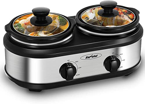 Sunvivi Dual Pot Slow Cooker, 2 Pot Small Mini Crock Buffet Server and Warmer, Upgraded Oval Cera... | Amazon (US)