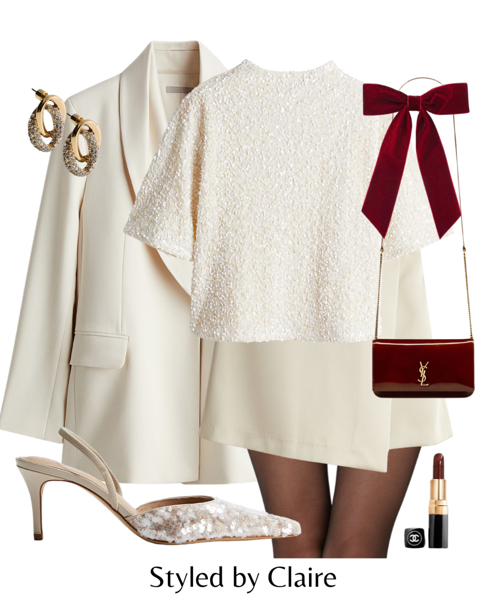 Cream & burgundy Christmas party festive outfit✨🍒🥂
Tags: oversized satin collar blazer H&M sequin embellished top skirt kitten heel sparkle earrings bow YSL patent bag fashion night out Xmas new year special occasion inspo ideas Paris chic classy women’s style

#LTKshoes #LTKstyletip #LTKpartywear