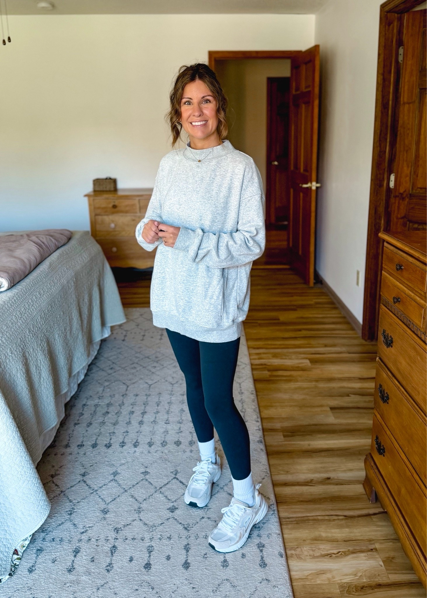 small in my mockneck sweatshirt (100% cotton!) xs short/petite/25” inseam in my leggings, and 6.5 in my sneakers