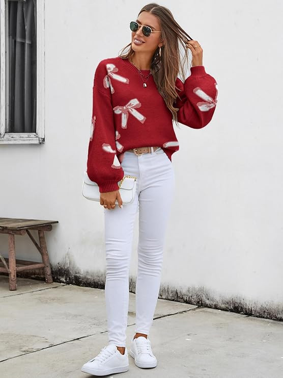 Womens Oversized Cute Bow Sweater Fall 2025 Trendy Preppy Chuncy Knit Long Sleeve Valentines Day ... | Amazon (US)
