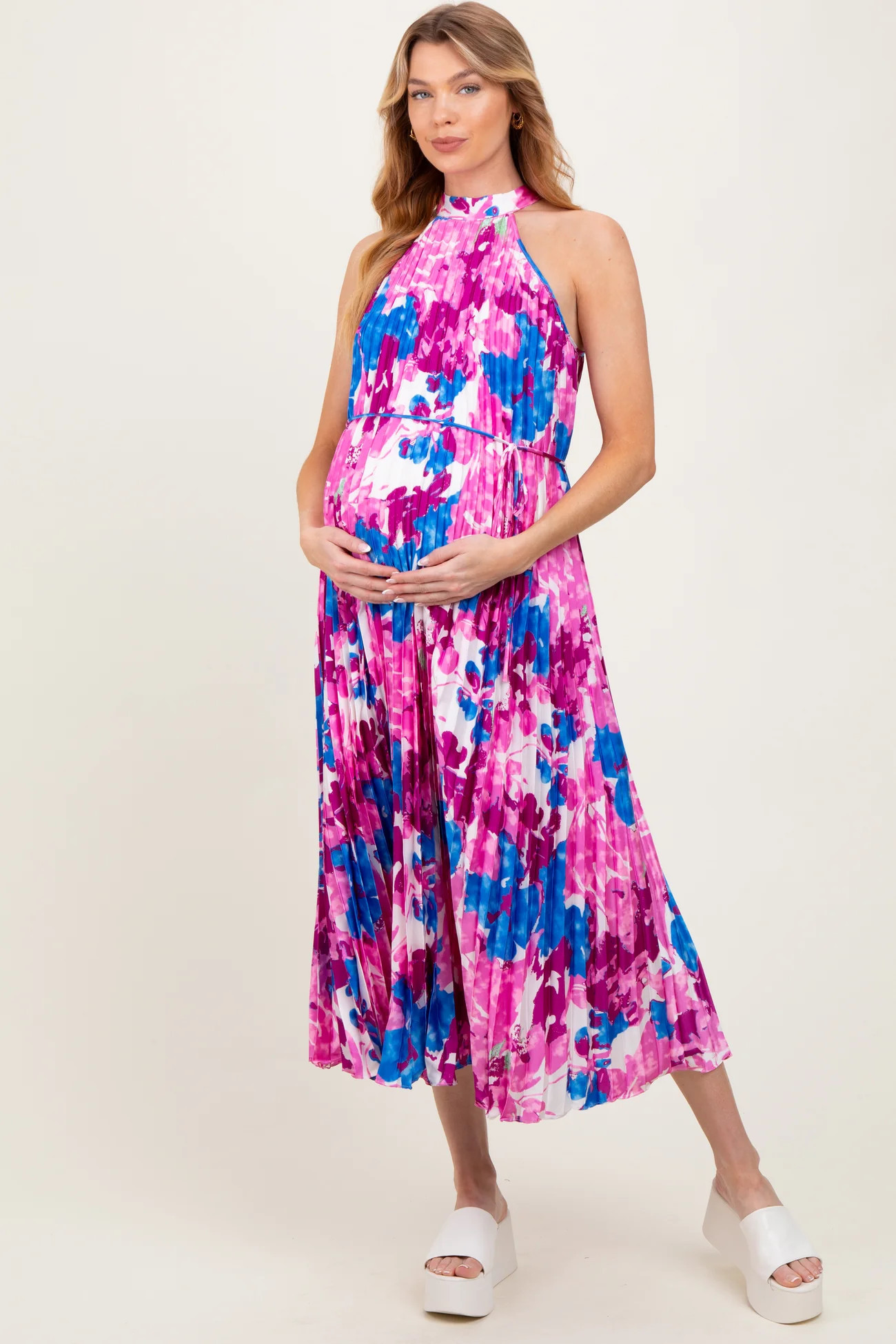 Magenta Floral Satin Pleated Halter Neck Maternity Midi Dress | PinkBlush Maternity
