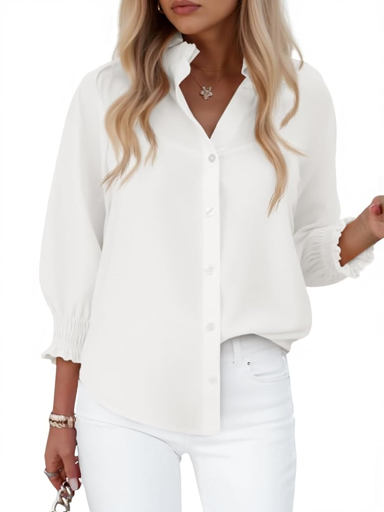 Cicy Bell Womens Button Down Shirts 3/4 Smocked Sleeve Blouse Dressy Casual Ruffle Neck Shirred T... | Amazon (US)