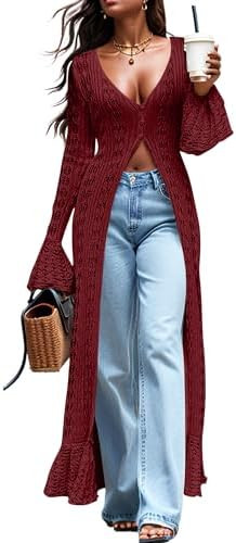 Cardigan Sweaters for Women Trendy Lightweight Crochet Long Duster Button Up Bell Long Sleeve Ruf... | Amazon (US)