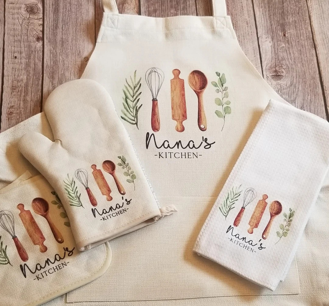 Personalized Linen Apron Set, Utensils Custom Oven Mitt Tea Towel Apron Gift Set Personalized Gif... | Etsy (US)
