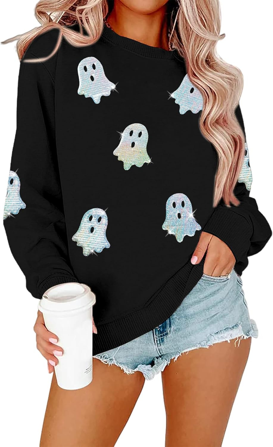 Halloween Sweatshirts Women Colorful Sequin Ghost Graphic Pullover Shirt | Amazon (US)