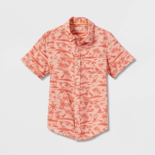 Boys' Tropical Dino Print Short Sleeve Challis Woven Shirt - Cat & Jack™ Coral Pink | Target