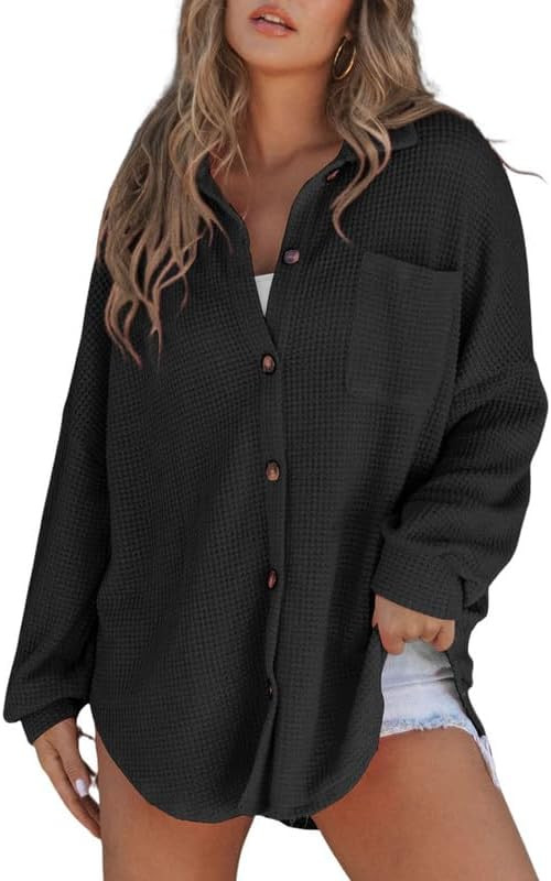 SHEWIN Women's Waffle Knit Button Down Shirts Casual Long Sleeve Shacket Jacket Boyfriend Tops Bl... | Amazon (US)