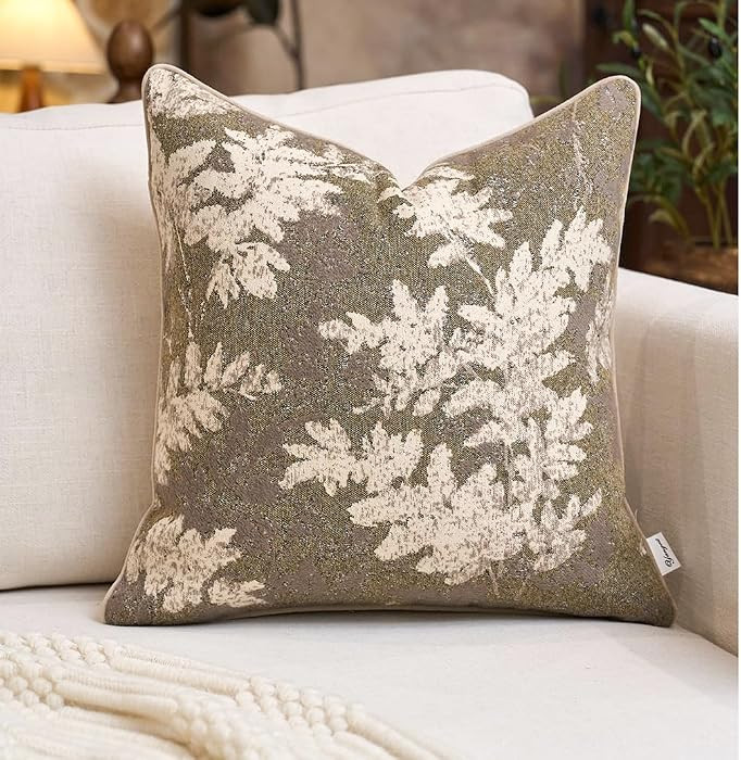 Neutral Leaf Pillow Cover 18 x18 Inches, Vintage Chenille Square Throw Pillow Cover Soft Leaves N... | Amazon (US)