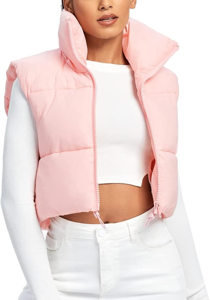 Fuinloth Women's Padded Vest, High Stand Collar Lightweight Zip Crop Puffer Gilet | Amazon (US)