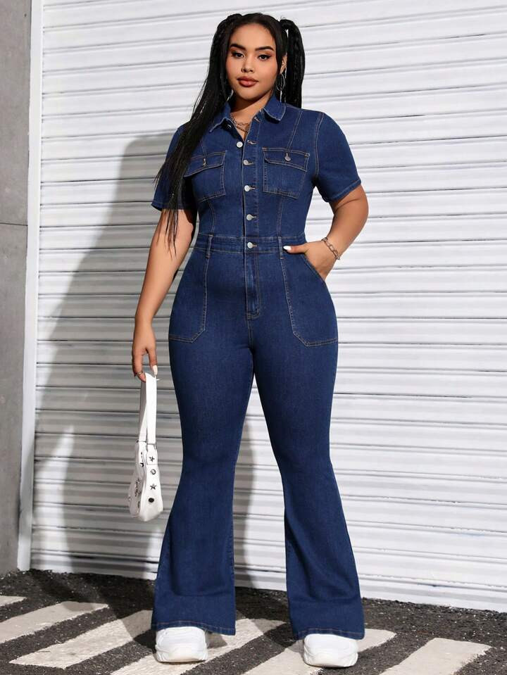 SHEIN EZwear Plus Size Women's Denim Shirt Jumpsuit | SHEIN