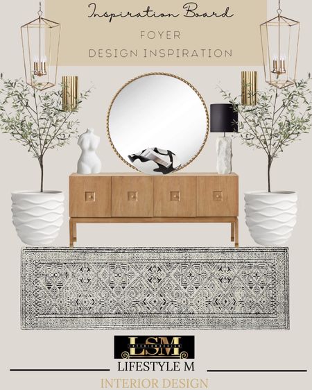 Foyer design inspiration. Recreate this look for a transitional or modern farmhouse style home! Wood console table, foyer runner rug, white planters, faux olive tree, table decor, table lamp, gold grass wall sconce lights, gold brass pendant lights, gold brass round mirror.

#LTKSeasonal #LTKstyletip #LTKhome