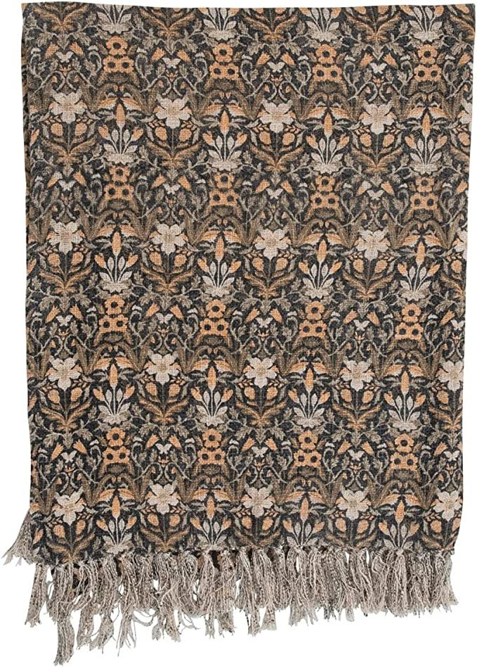 Creative Co-Op Cotton Slub Floral Pattern and Fringe Blanket Throw, Single, Black/Orange | Amazon (US)