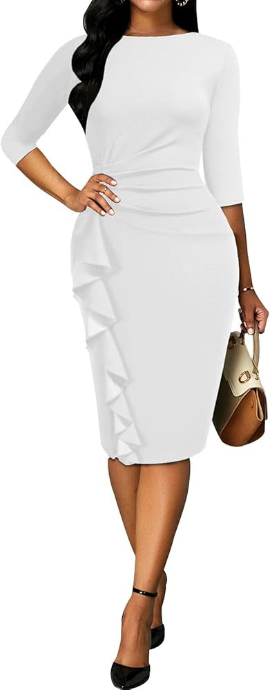 Church Dresses for Women 3/4 Sleeve Bodycon Ruffle Vintage Work Midi Pencil Dress | Amazon (US)