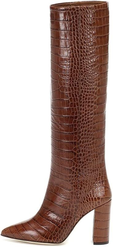 YIYA Knee High Western Boots for Women Crocodile Pattern Winter Leather Shoes Pointed Toe Block H... | Amazon (US)